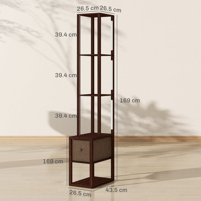HOMCOM Floor Lamp with Shelves, LED Column Modern Standing Lamp with Fabric Drawer, Adjustable Brightness, Foot Switch for Living Room, Bedroom, Office, Dark Brown