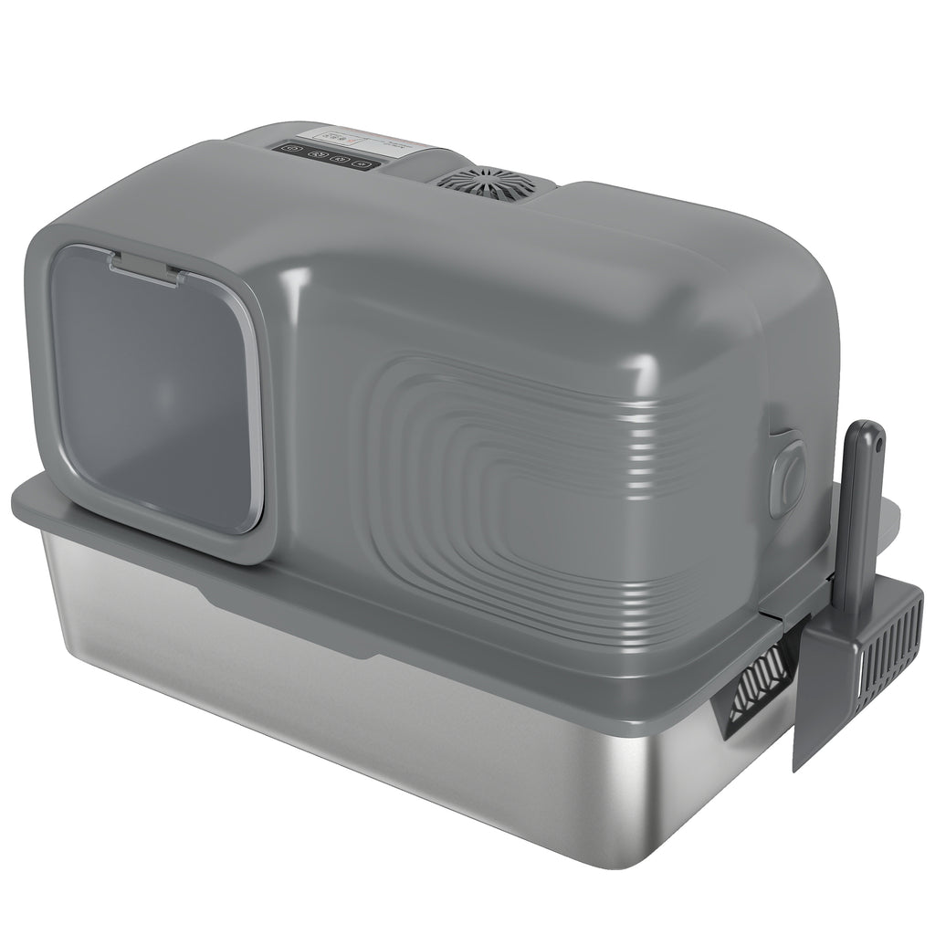 PawHut 65L Extra Large Stainless Steel Litter Tray with Plasma Deodoriser System, High Sided, Easy to Clean & Odour-Resistant