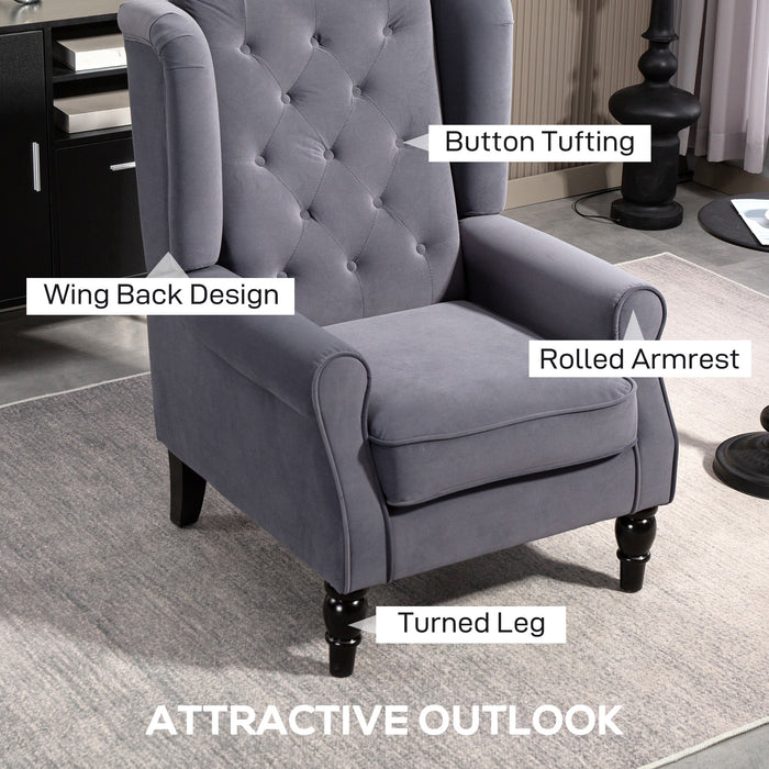 HOMCOM Wingback Accent Chair, Retro Upholstered Button Tufted Occasional Chair for Living Room and Bedroom, Charcoal Grey