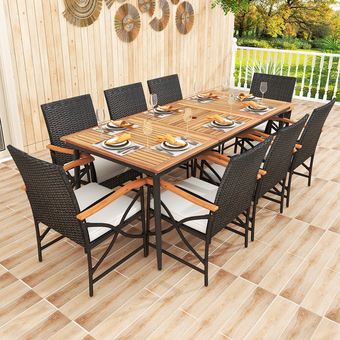 9-Piece Patio Dining Set with Acacia Wood Table and 8 Rattan-