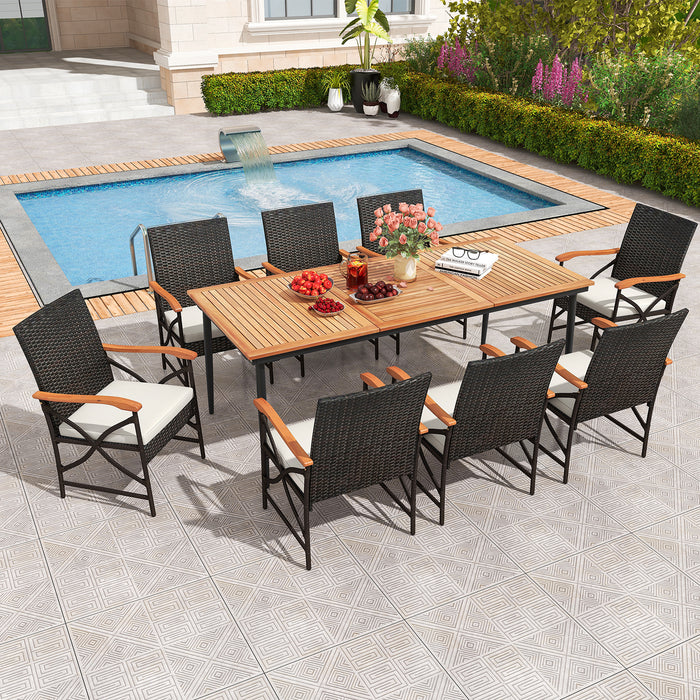 9-Piece Patio Dining Set with Acacia Wood Table and 8 Rattan-