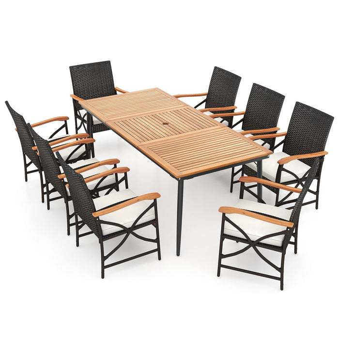 9-Piece Patio Dining Set with Acacia Wood Table and 8 Rattan-