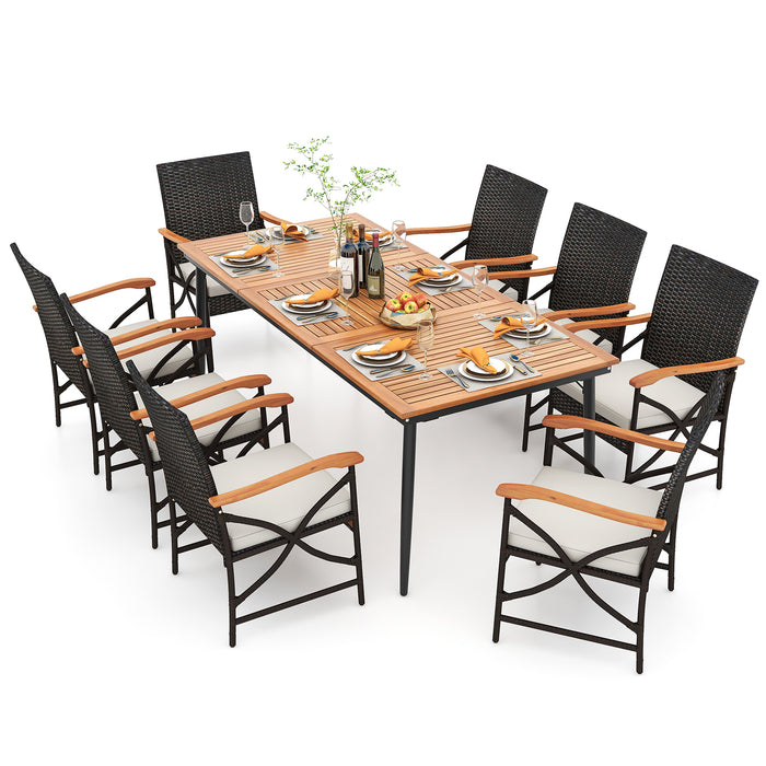9-Piece Patio Dining Set with Acacia Wood Table and 8 Rattan-