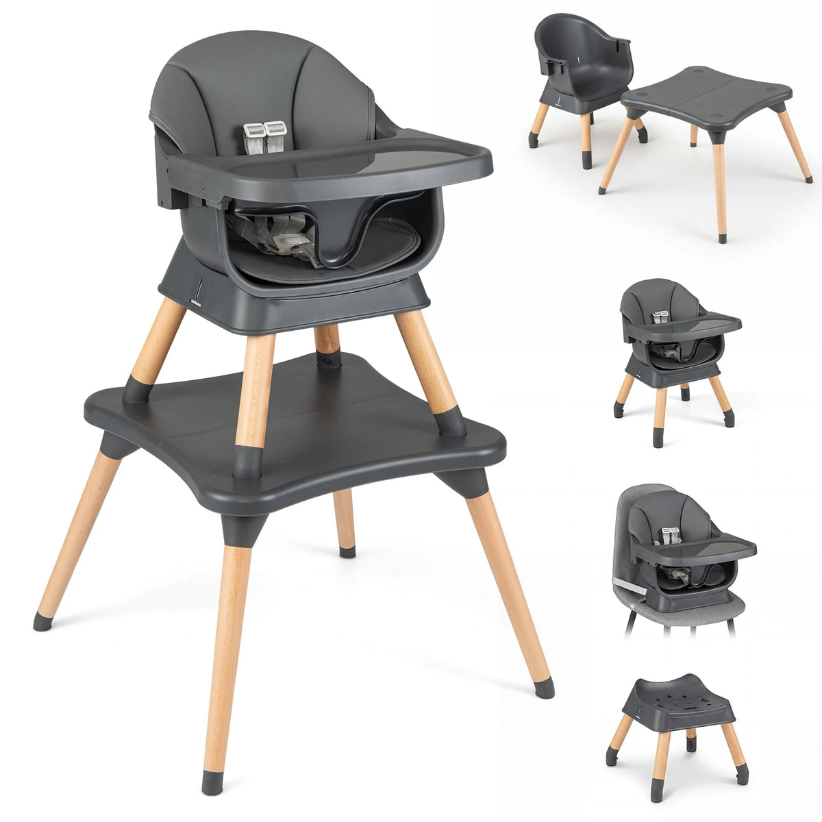 9-in-1 Convertible High Chair with Solid Wood Legs and Harness for Babies-
