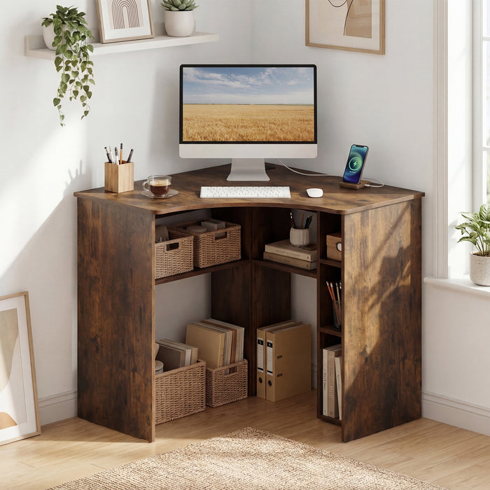 90-degree Triangle Computer Desk with Open Storage Shelves-