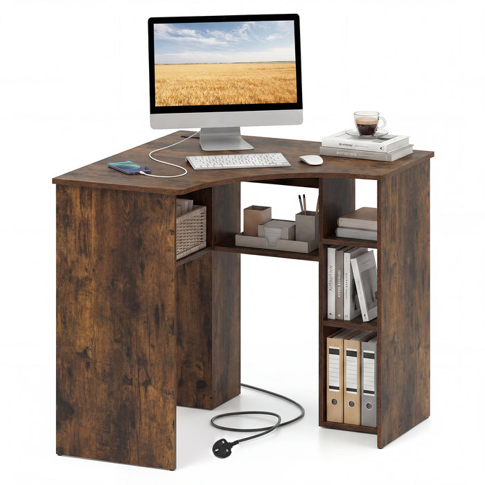 90-degree Triangle Computer Desk with Open Storage Shelves-