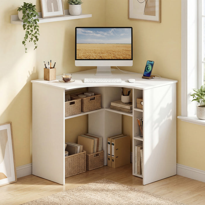 90-degree Triangle Computer Desk with Open Storage Shelves-