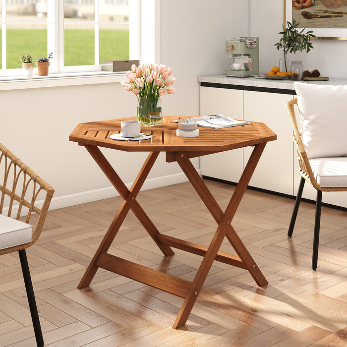 90CM Solid Wood Patio Dining Table with 5cm Umbrella Hole and Slatted Tabletop