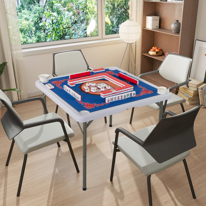 Folding Mahjong Table with Cup Holders and Removable Game Mat-