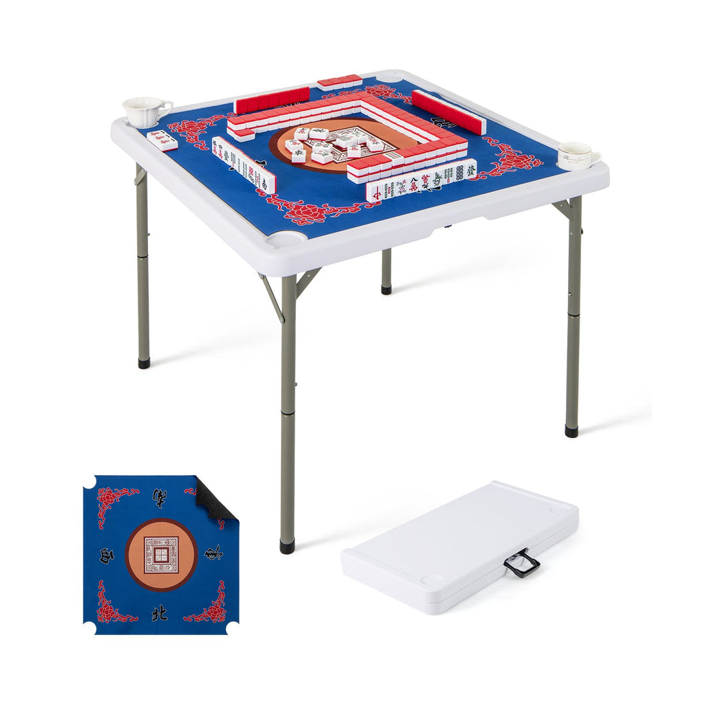Folding Mahjong Table with Cup Holders and Removable Game Mat-