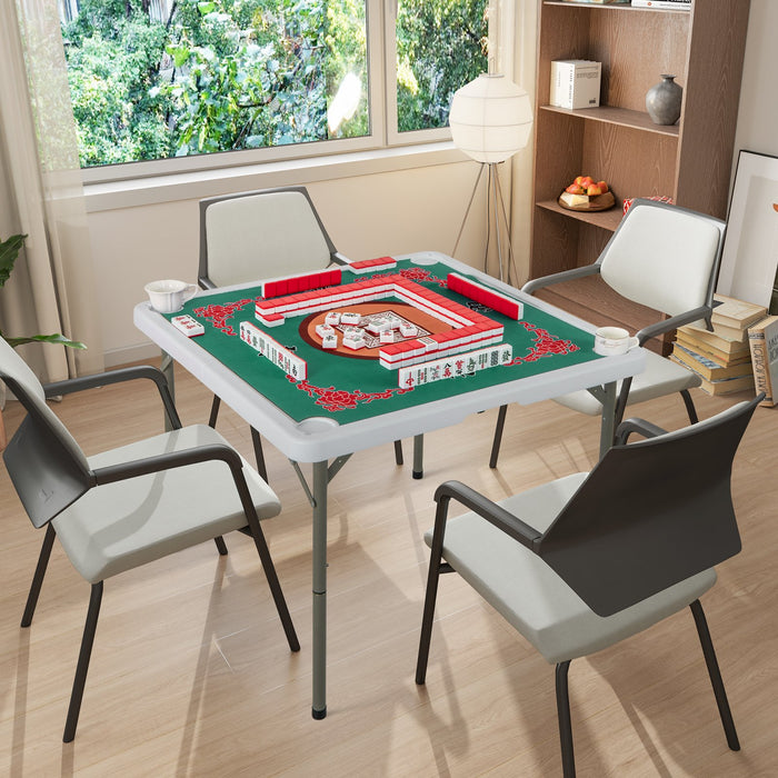 Folding Mahjong Table with Cup Holders and Removable Game Mat-