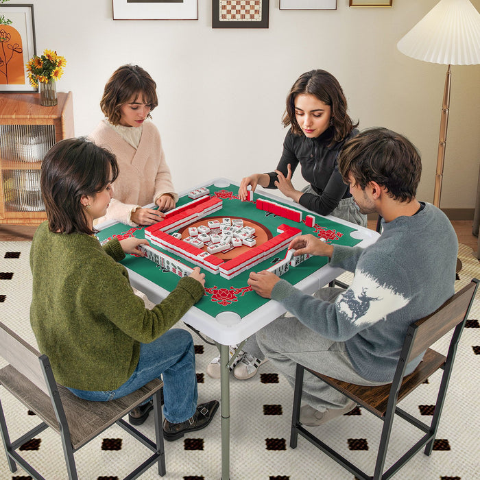 Folding Mahjong Table with Cup Holders and Removable Game Mat-