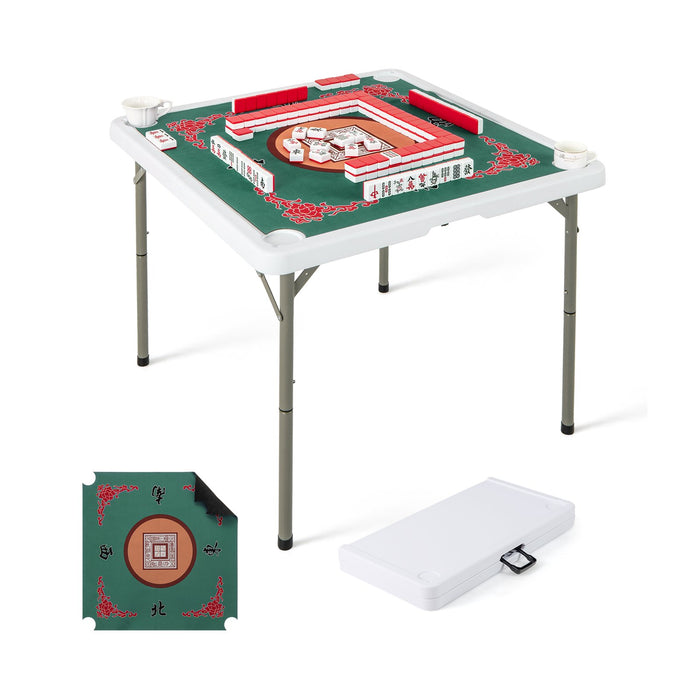 Folding Mahjong Table with Cup Holders and Removable Game Mat-