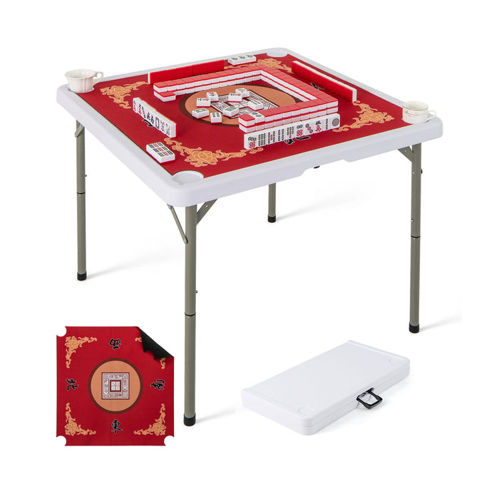 Folding Mahjong Table with Cup Holders and Removable Game Mat-