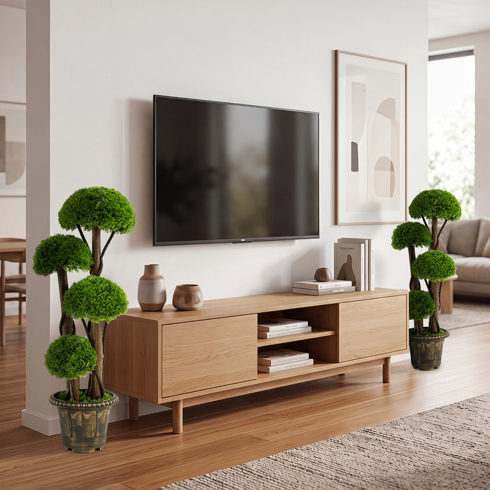 90cm Artificial Cypress Topiary Ball Tree Set of 2 with Retro Cement-filled Planter and Real Wood Trunks
