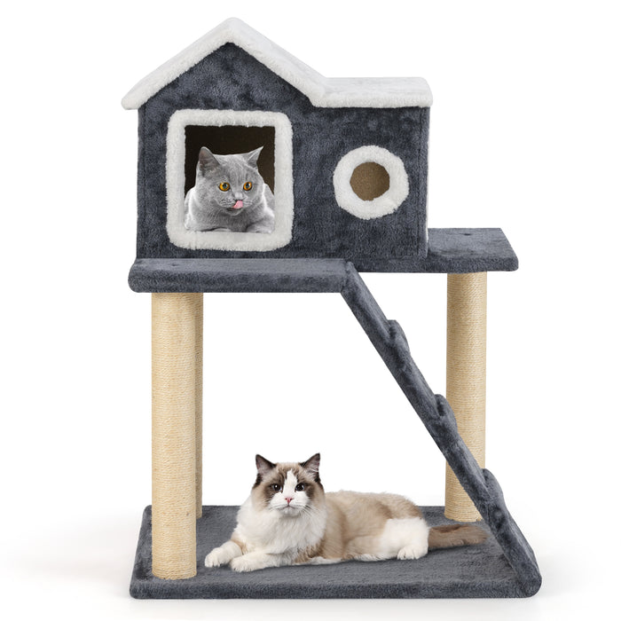 90cm Modern Cat Tree 3-level Cat Condo Furniture with Openable Roof-