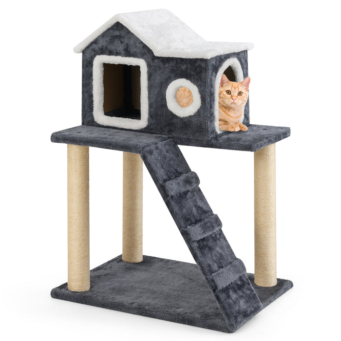 90cm Modern Cat Tree 3-level Cat Condo Furniture with Openable Roof-
