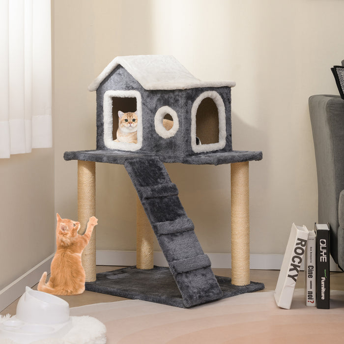 90cm Modern Cat Tree 3-level Cat Condo Furniture with Openable Roof-