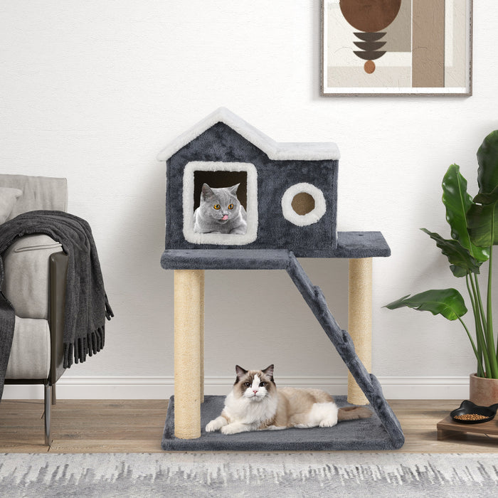 90cm Modern Cat Tree 3-level Cat Condo Furniture with Openable Roof-