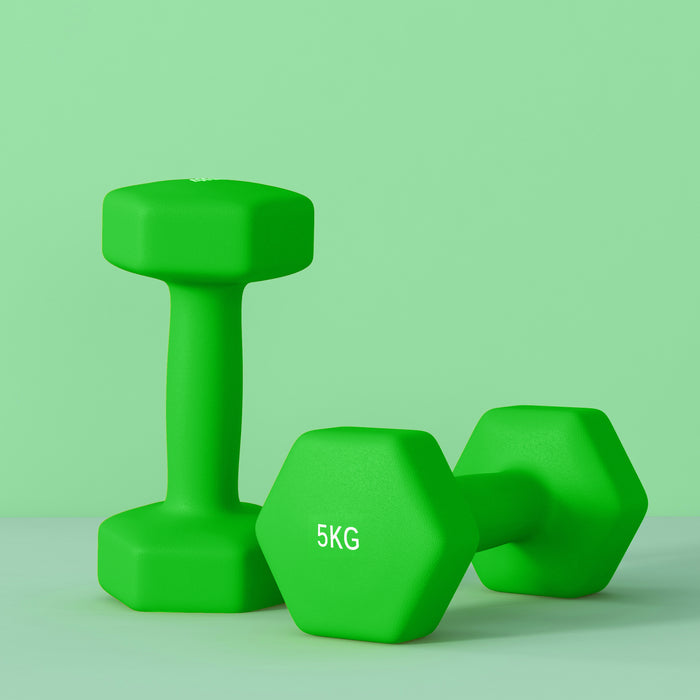 Hexagonal Dumbbell Pair - 2 x 5kg Weights with Non-Slip Grip, Green - Ideal for Home Gym Fitness Training