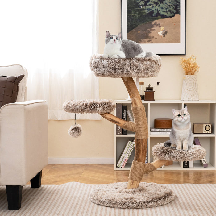 92CM Solid Pear Wood Cat Tree with Perch and Dangling Ball-