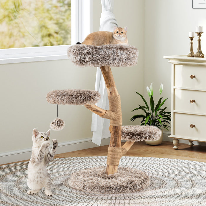 92CM Solid Pear Wood Cat Tree with Perch and Dangling Ball-