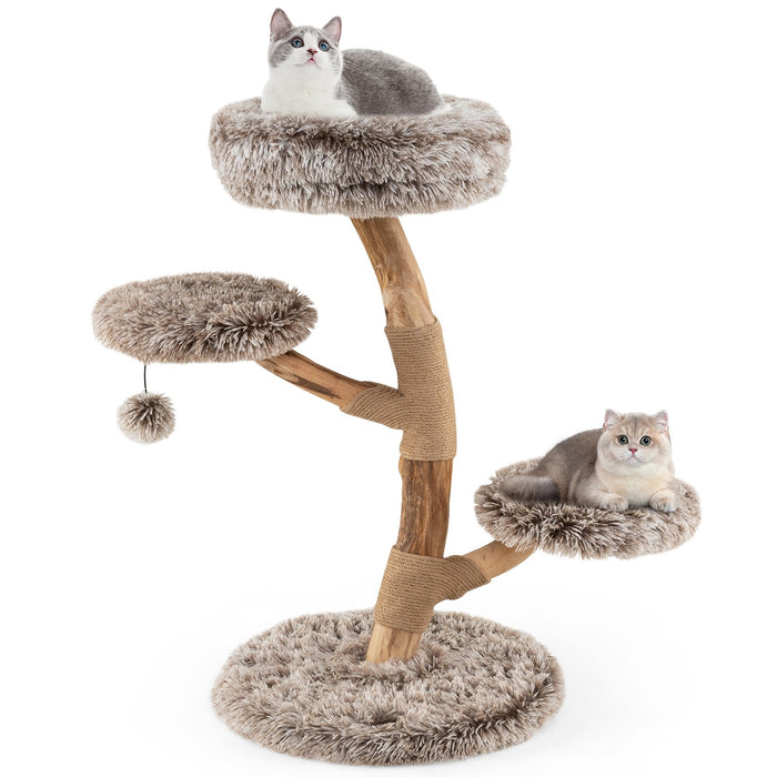 92CM Solid Pear Wood Cat Tree with Perch and Dangling Ball-