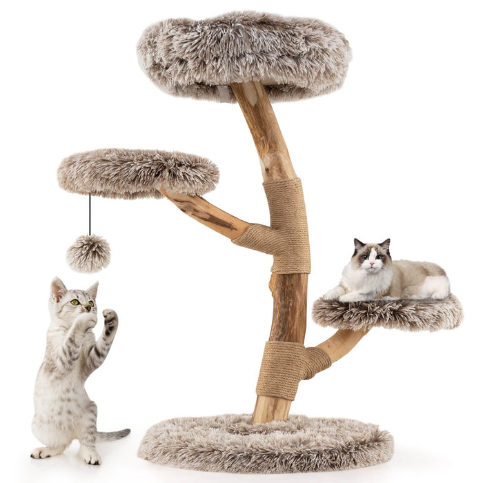 92CM Solid Pear Wood Cat Tree with Perch and Dangling Ball-