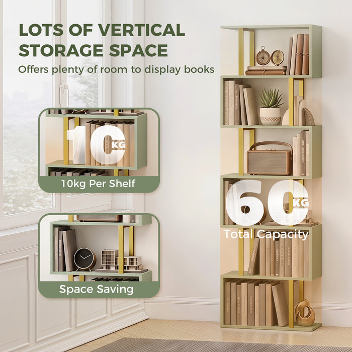 HOMCOM S-Shaped Bookshelf, 5-Tier Bookcase, Freestanding Storage Shelves with Anti-Tip Strap for Living Room, Light Green