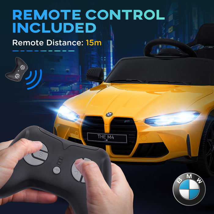 BMW M4 Kids Ride-On Car - 12V Battery-Powered with Remote Control, Suspension, Music Player, Horn, LED Lights - Interactive Playtime for Children in Bright Yellow