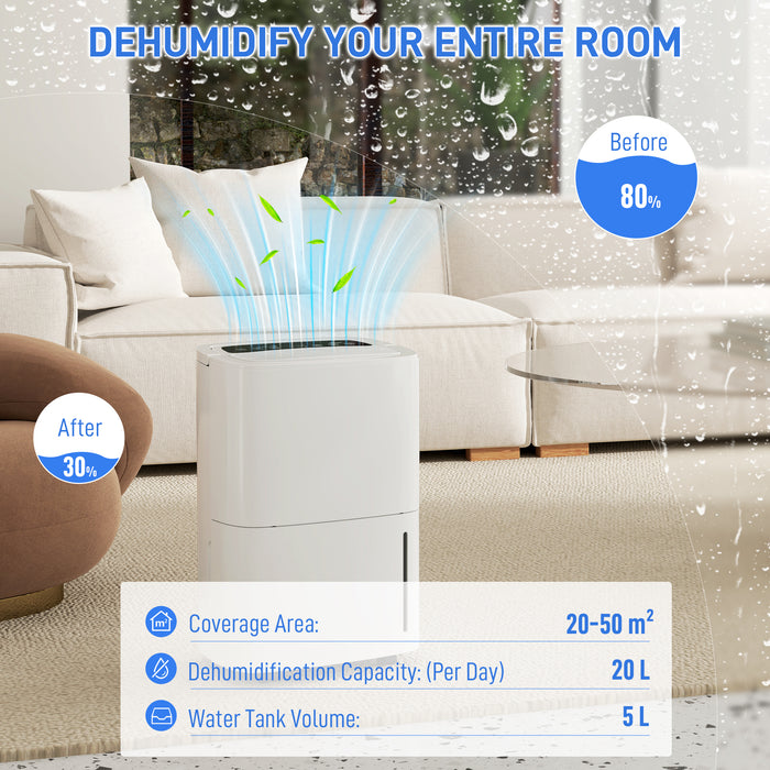 HOMCOM 20L/Day Dehumidifier with Continuous Drainage, 5L Water Tank, 24H Timer, Digital Humidity Display, Humidity Light, Dehumidifier for Home Damp, Bedroom, Condensation, Mould, Laundry Drying | Aosom UK