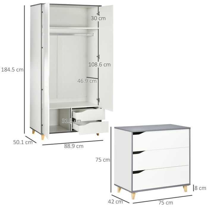 HOMCOM Bedroom Furniture Set, Wardrobe with Hanging Rail, 3 Drawer Chest of Drawers with Cut-out Handles, Grey and White | Aosom UK