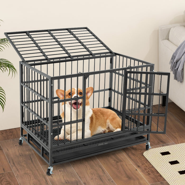 96/120cm Metal Dog Cage Foldable with Double Door and Wheels-