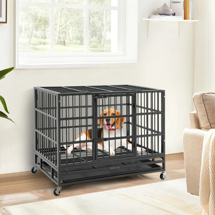 96/120cm Metal Dog Cage Foldable with Double Door and Wheels-