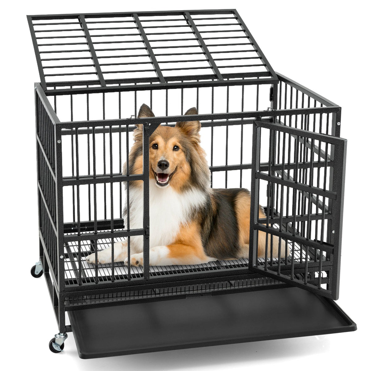 96/120cm Metal Dog Cage Foldable with Double Door and Wheels-