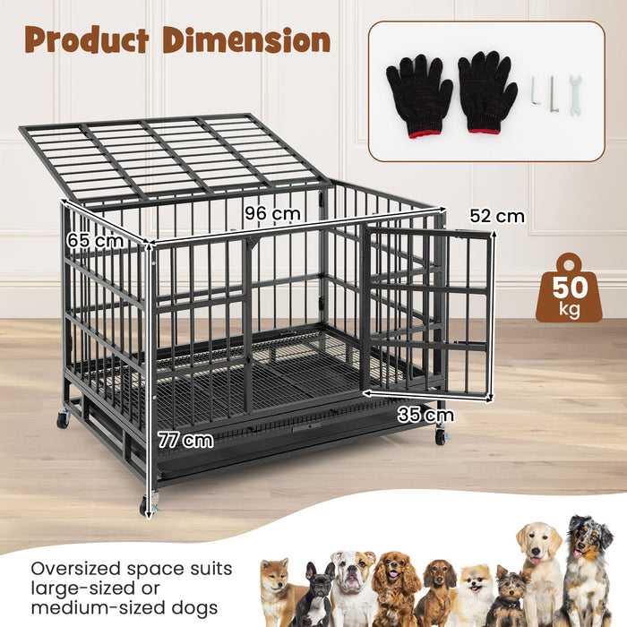 96/120cm Metal Dog Cage Foldable with Double Door and Wheels-