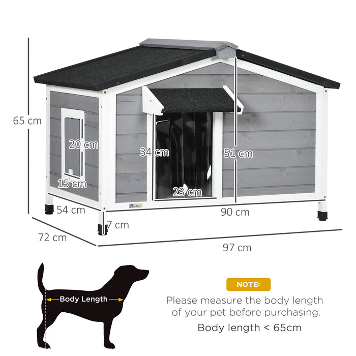 PawHut Large Wooden Dog Kennel with Openable Top, Asphalt Roof, Windows, Curtain, Removable Tray, Adjustable Legs, Grey