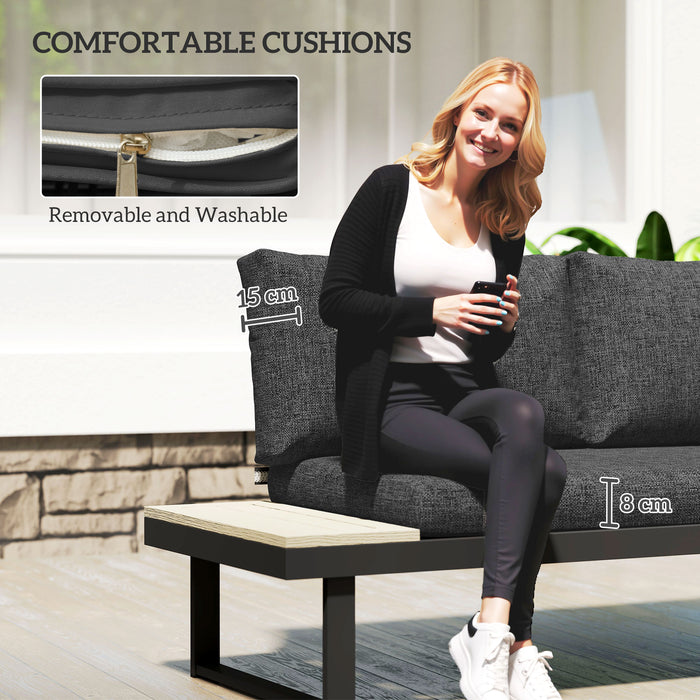 Outsunny 4 Seater L Shaped Aluminium Sectional Garden Furniture Set with 2 Loveseats and Wood-Plastic Coffee Table - Dark Grey