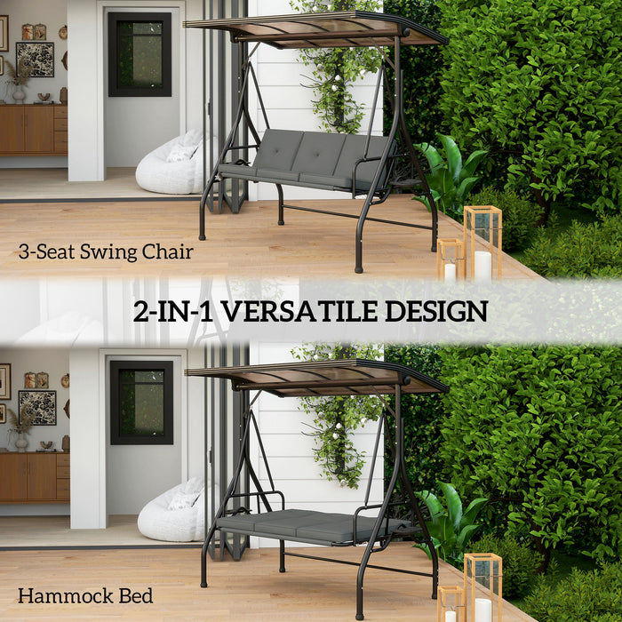Outsunny 3 Seater Garden Swing Seat Bed with UPF30+ Adjustable Canopy, Convertible Swing Chair with Cushion, Outdoor Hammock Bench with Cup Trays for Balcony Patio, Dark Grey