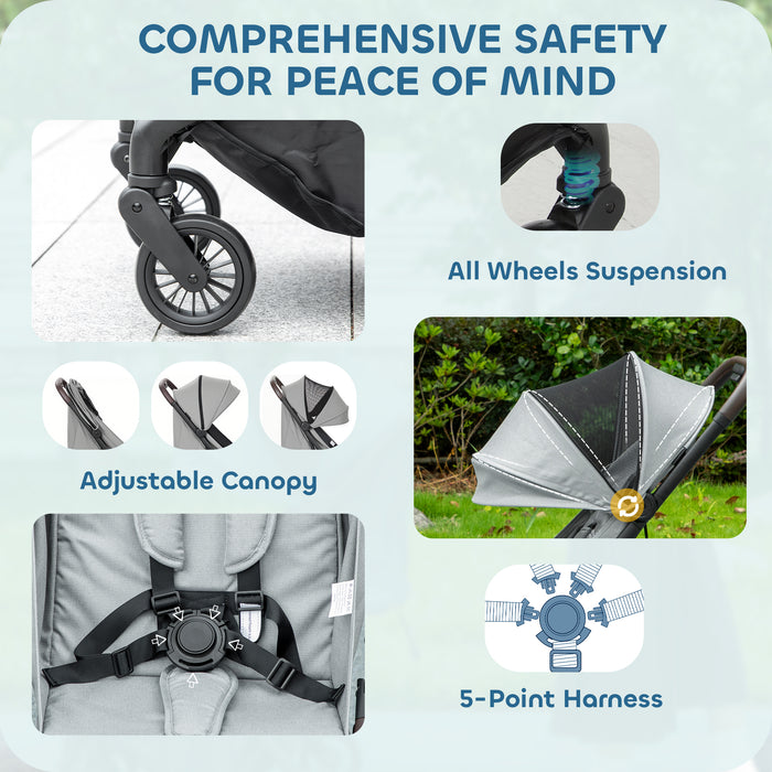 AIYAPLAY Foldable Baby Stroller with Adjustable Seat, 5-Point Harness, Canopy, Basket, 6.3kg Lightweight & Compact, Light Grey