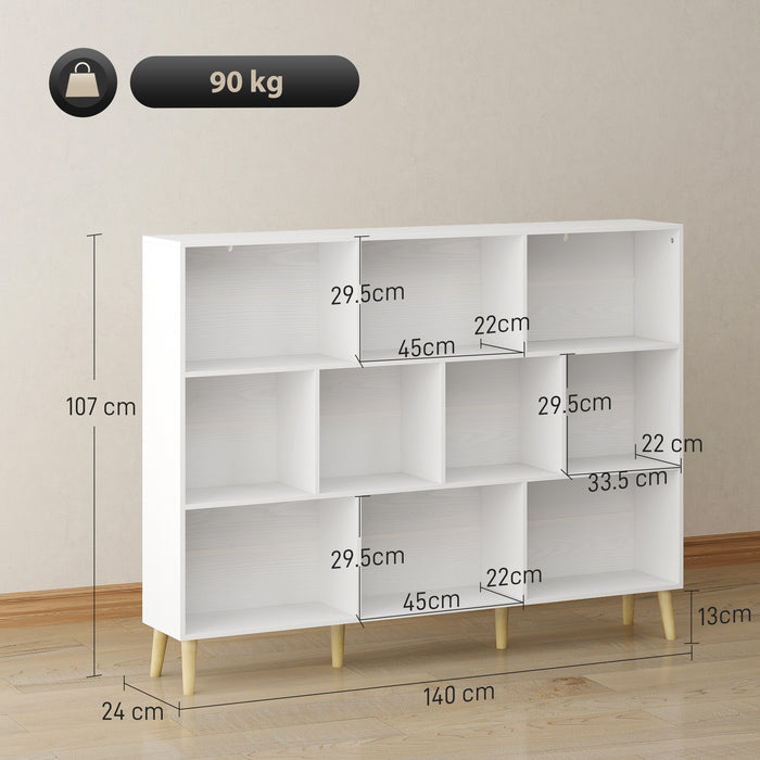 HOMCOM 10-Cube Bookcase, 3-Tier Book Shelf with Solid Wood Legs, 140 cm Modern Bookshelf with Anti-Tip Kit for Bedroom, White