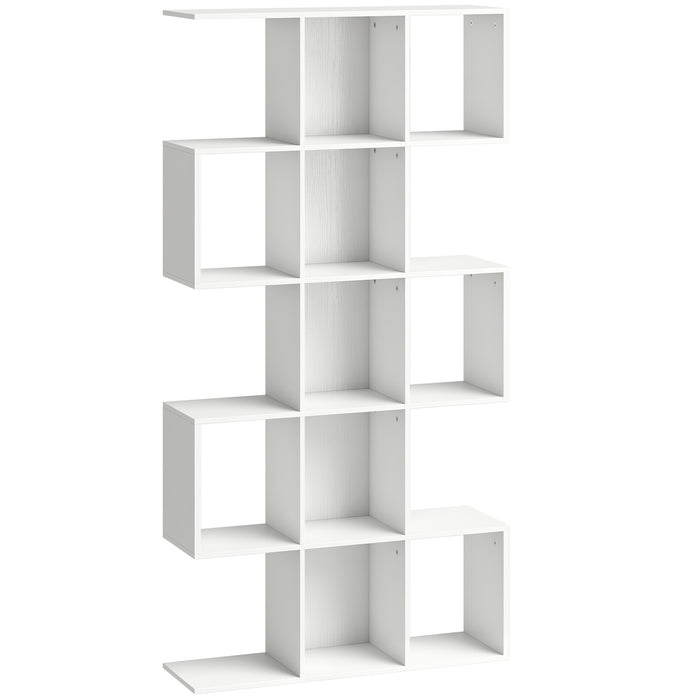 HOMCOM 5-Tier Bookshelf, S Shaped Geometric Bookcase with 15 Compartments, White Wood Effect