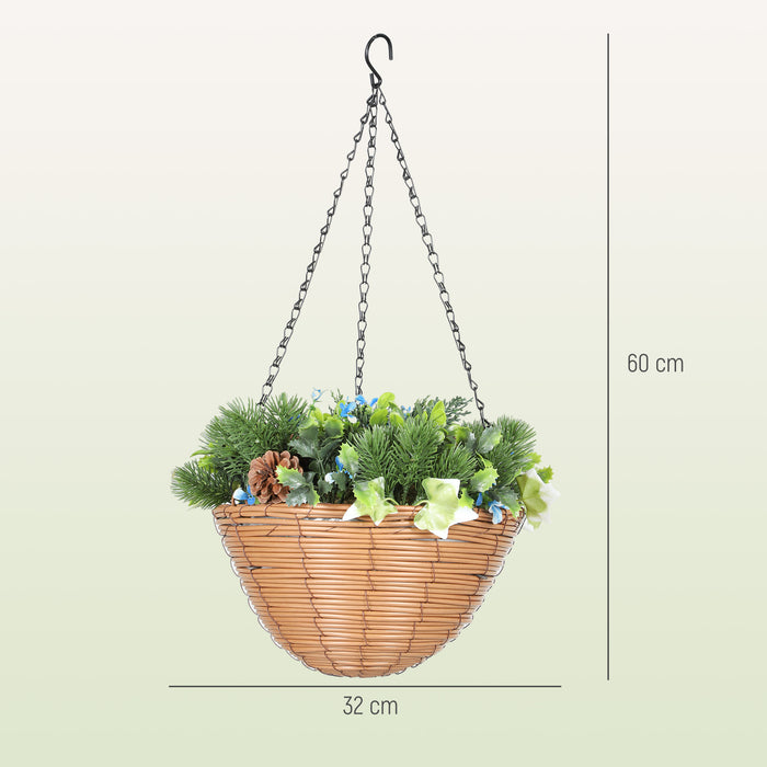 HOMCOM Artificial Flowers in Basket Set of 2, Artificial Hanging Baskets with PE Leaves, 18 Flowers and 3 Pinecones in Pot, Decorative Faux Plant for Home Office Decor, Green