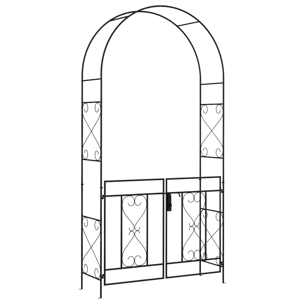 Outsunny Outdoor Garden Arch with Double Gates, Metal Garden Arbor for Climbing Plants, Roses, Vines, Wedding Arch for Outdoor, 114L x 36W x 232H cm,Black