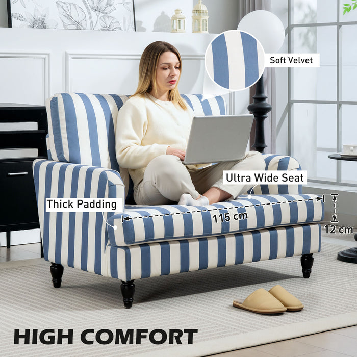HOMCOM Modern Accent Chair, Velvet Armchair with Stripe, Turned Legs and Wide Seat, Upholstered Snuggle Chair for Living Room, Bedroom, Blue and White