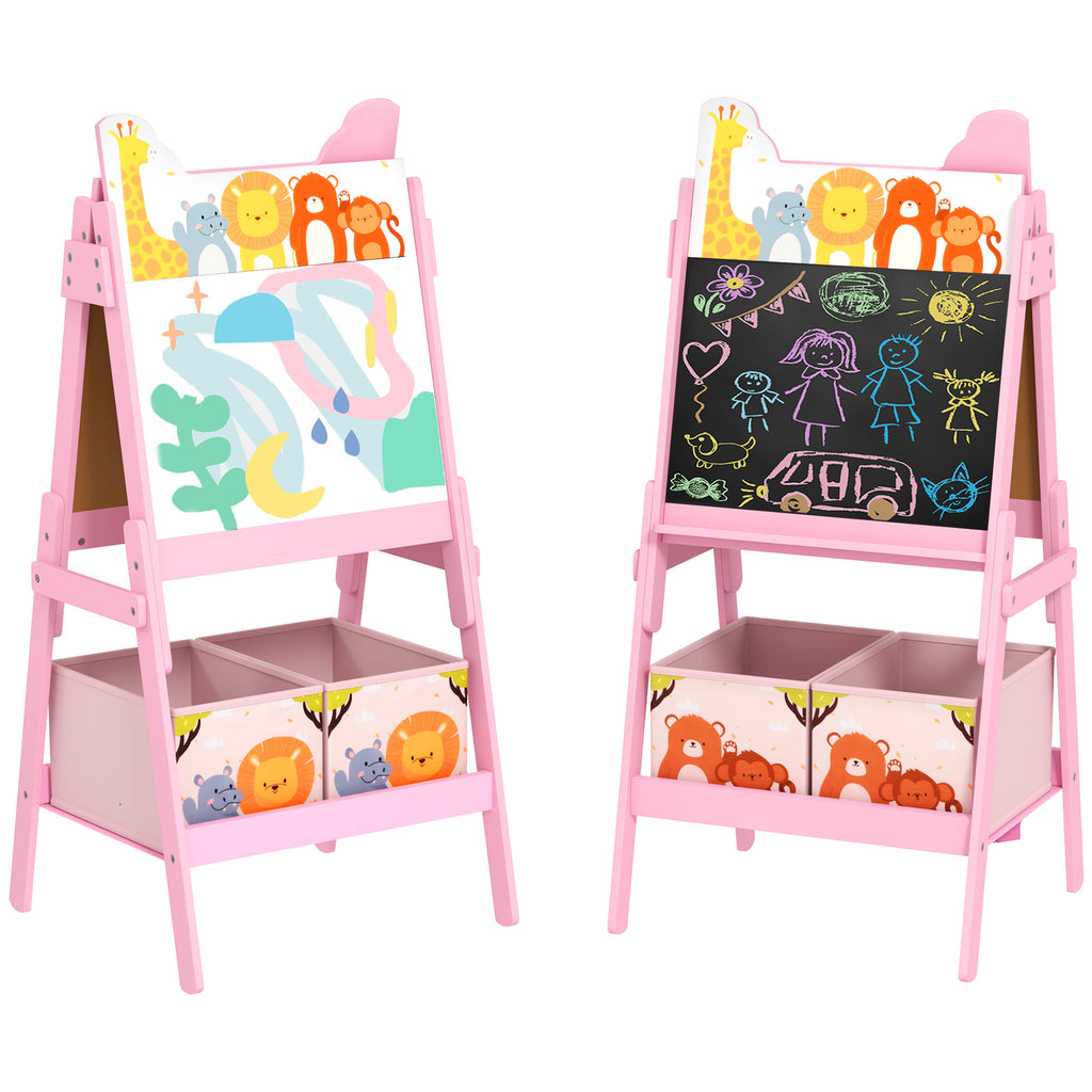 AIYAPLAY 2 in 1 Kids Easel with Whiteboard, Chalkboard, Storage Boxes, for 3-8 Years, Pink