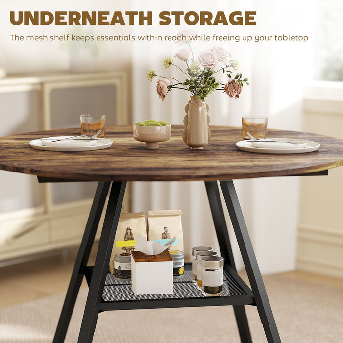 HOMCOM Dining Table for 4 People, 100 cm Round Industrial Kitchen Table with Storage Shelf, Rustic Brown
