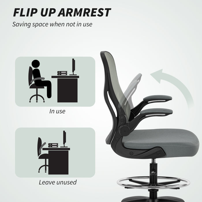 Vinsetto Draughtsman Chair with Flip-up Armrests, Mesh Standing Desk Chair with Lumbar Support and Adjustable Foot Ring for Bar Counter, Charcoal Grey