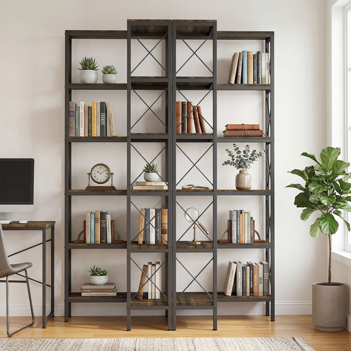 HOMCOM 5-Tier L-Shaped Bookshelf, Freestanding Corner Bookcase with Metal Frame, Rustic Brown
