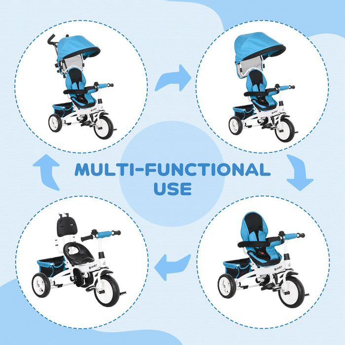 4-in-1 Children's Tricycle - Push Bike with Canopy, Safety Belt, Storage, and Brakes - Ideal for Toddlers Aged 1-5 Years, Blue